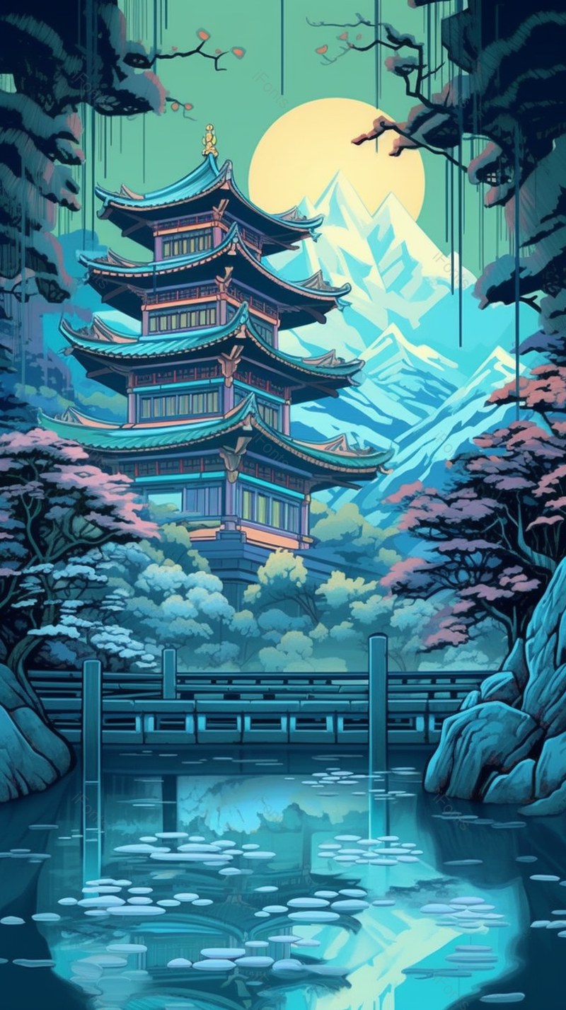 蓝色中国风建筑插画,插画/手绘图,插画/手绘图库,插画/手绘图下载,插画/手绘